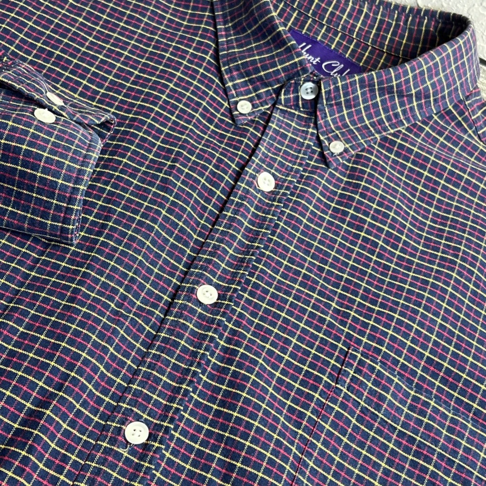 Vintage 90s Hunt Club Oxford Shirt Mens Plaid Button Down Long Sleeve XXL Navy‎